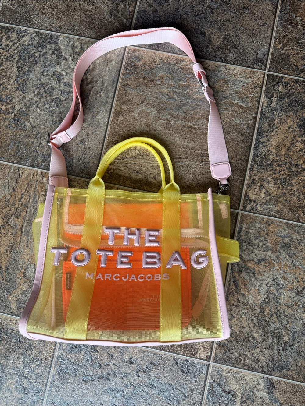 Marc Jacobs The Medium Traveler Mesh Zip Closure Tote Bag- Yellow/Orange/Pink